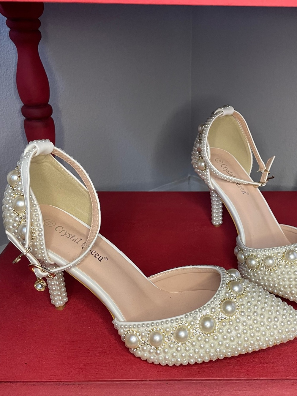 Crystal Queen Pearl Rhinestone Bridal Wedding Heels Ivory EU 40